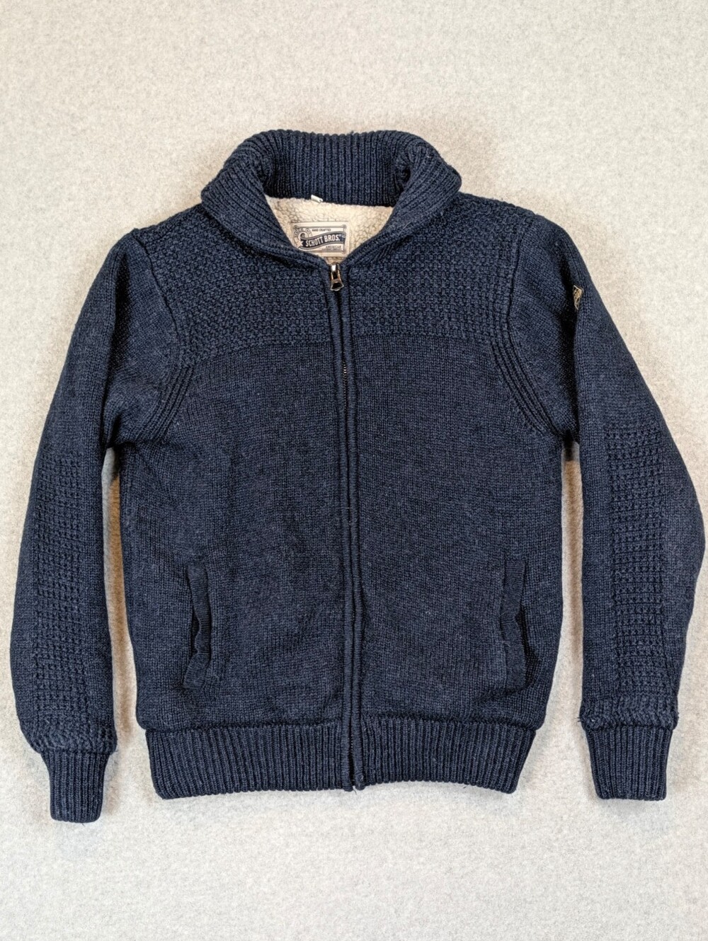 Schott Bros NYC Shawl Collar Sweater Jacket Men's Medium Navy Sherpa Lined Wool